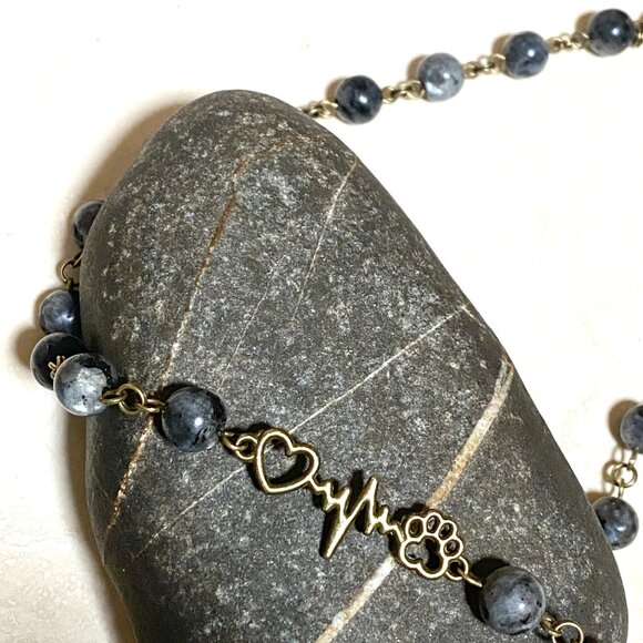 Natural Dark Larvikite Necklace, Bronze Paw Print Heart Beat + Genuine Gemstone - Picture 4 of 14